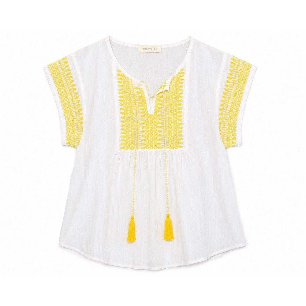 Boho Embroidered Blouse M Butter Yellow Resort Coastal Tassel Peasant Top